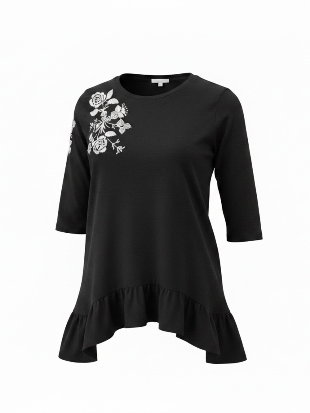 Womens XL Black Floral Embroidered Top 3/4 Sleeve Tunic Blouse Casual Plus Size